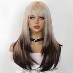 6Pcs Blonde Brown Mixed Color Straight Wig With Bangs