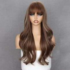 Womens Brown Fringe Long Wavy Chemical Fiber Wig